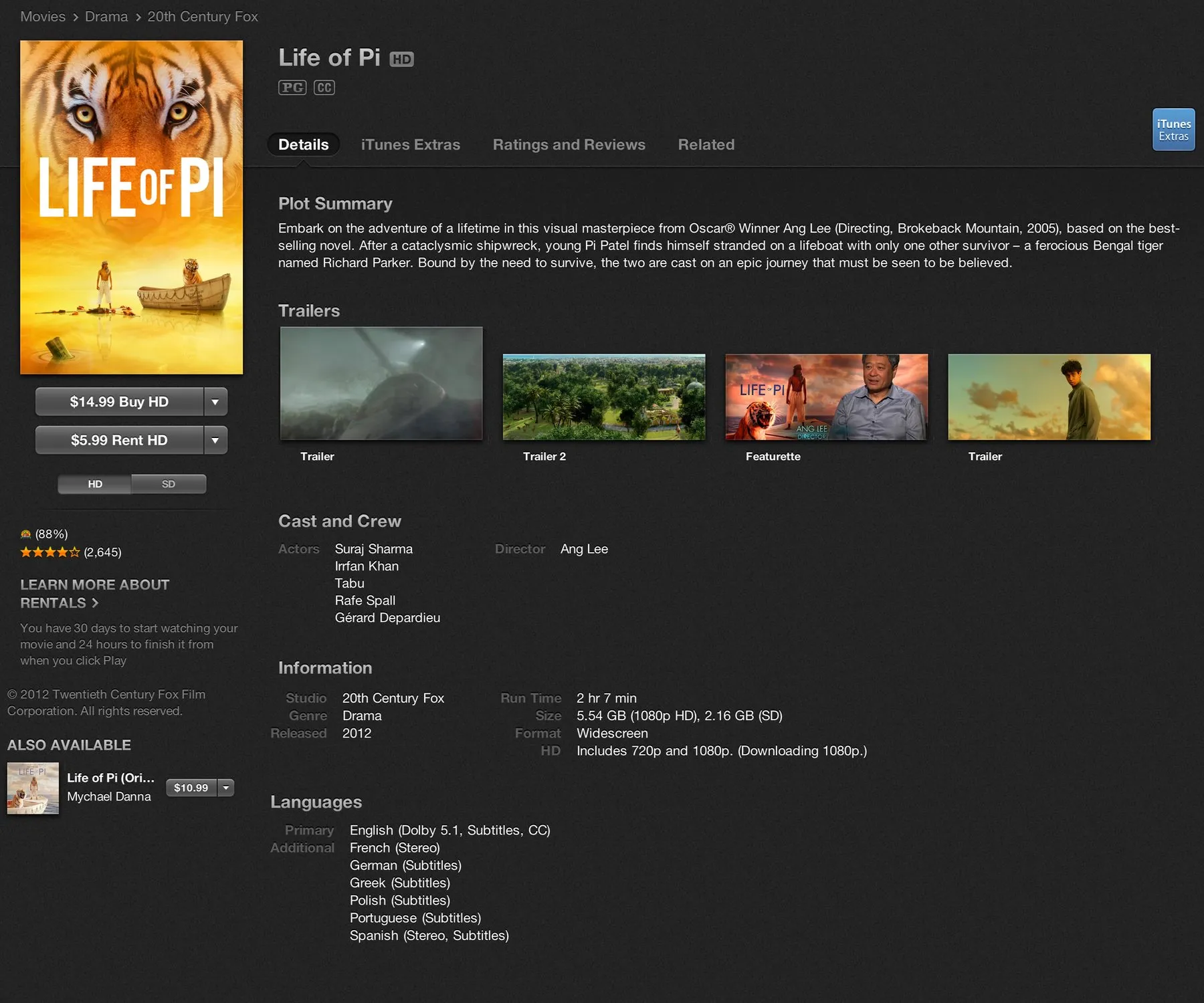 Life of Pi in iTunes US